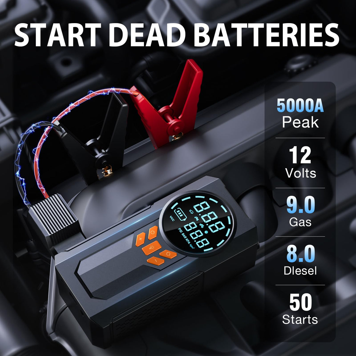 WNDFLV smart jumper cables close-up with clamps providing safe spark-free connection