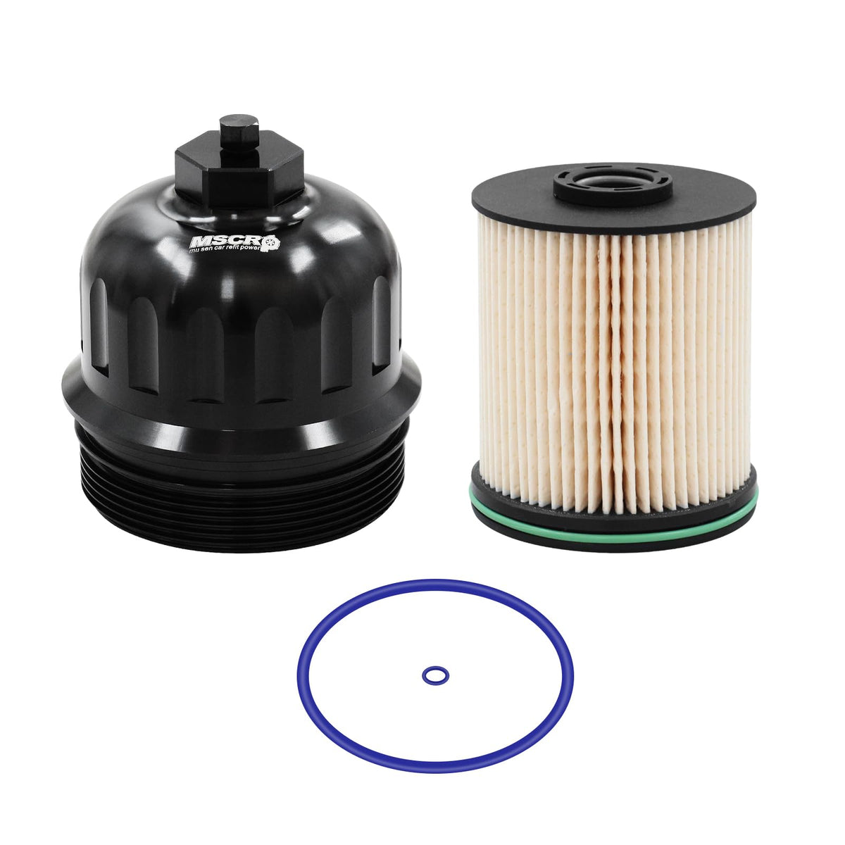 WnSEu billet fuel filter cap front view showing clean fit and improved durability