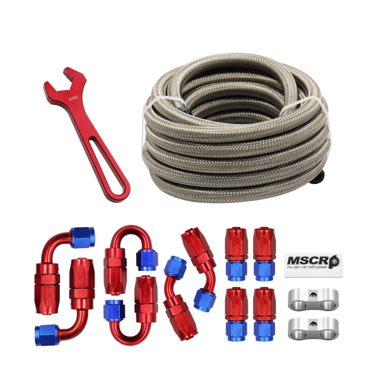 WnSEu front package view showing complete 20ft 8AN fuel hose kit and contents, clear identification benefit