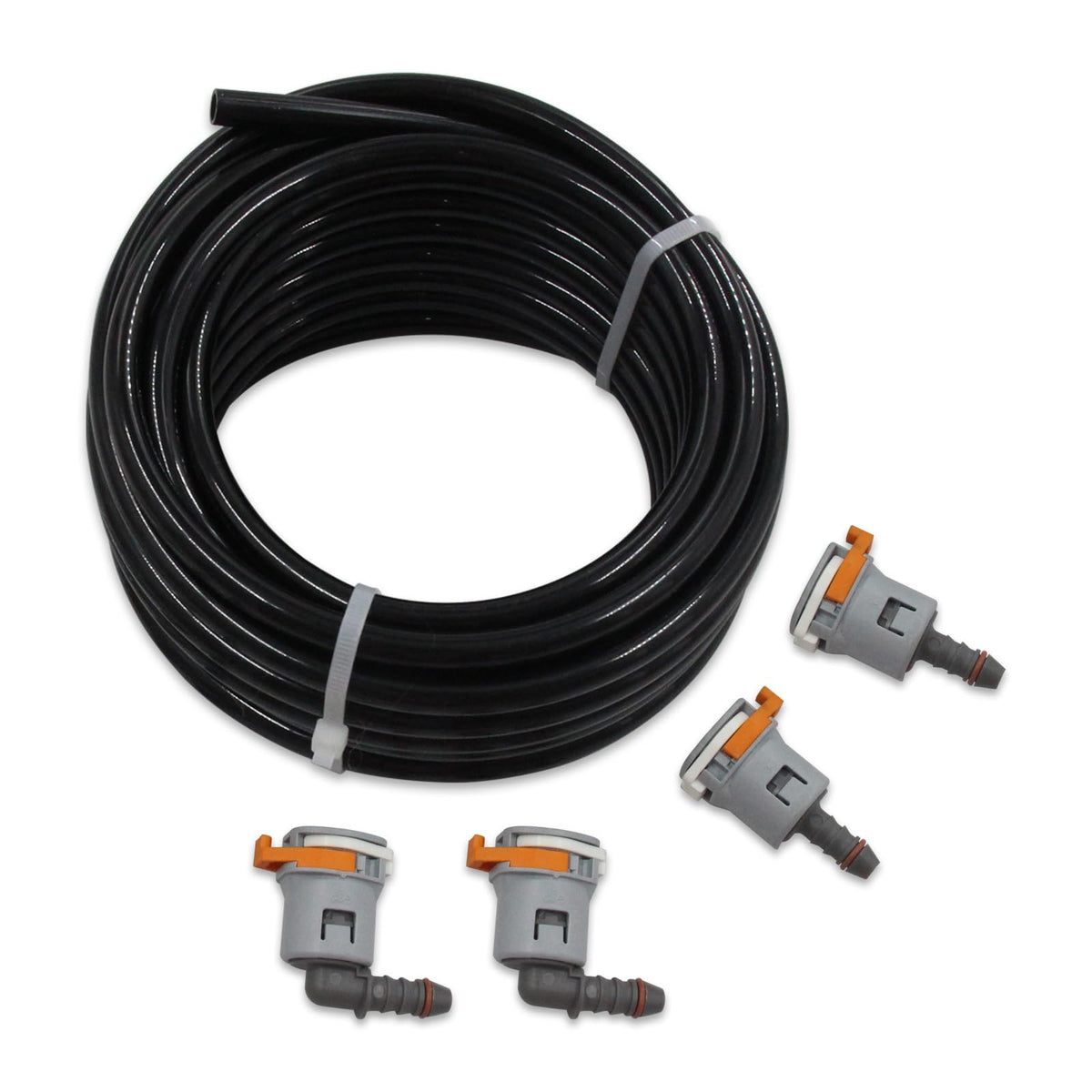 WnSEu tubing connected to a motorcycle fuel fitting demonstrating secure routing benefit