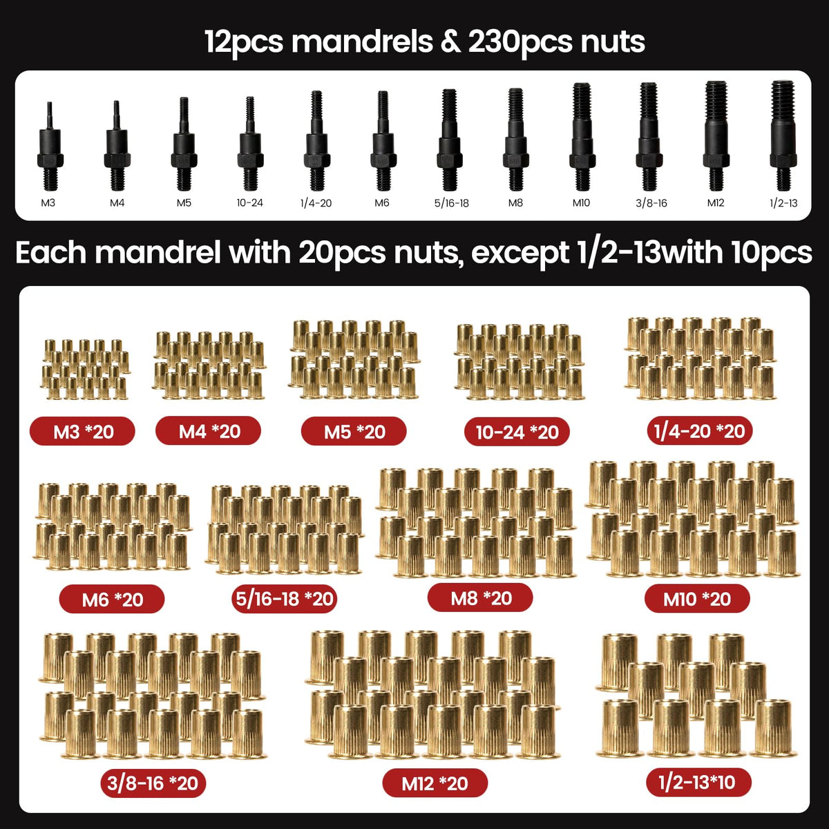 WOBANK organized mandrels and nuts in labeled boxes for fast selection benefit
