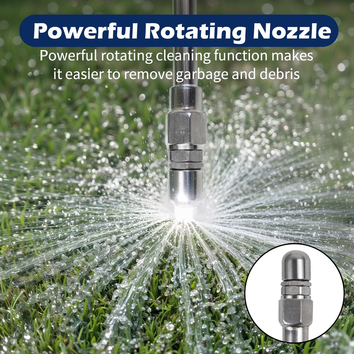 WodGod close-up of metal power nozzle showing concentrated spray effectiveness
