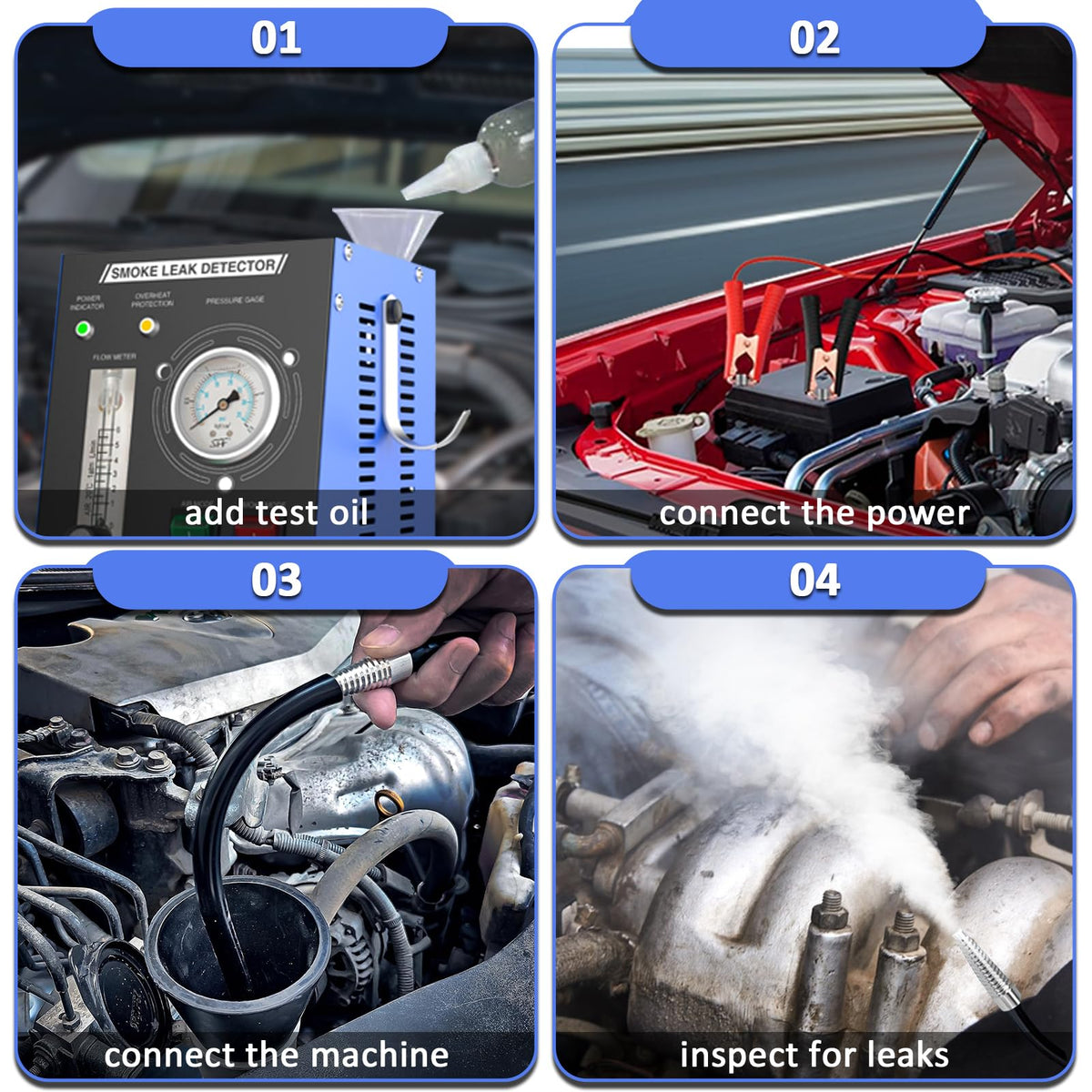 wodli smoke test in progress on engine to locate leaks efficiently