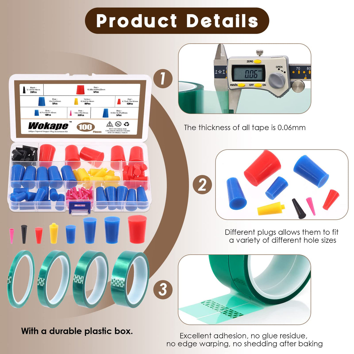 Wokape PET tape rolls in four widths showing heat-resistant adhesive for crisp lines
