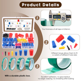 Wokape PET tape rolls in four widths showing heat-resistant adhesive for crisp lines