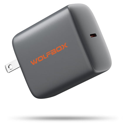 WOLFBOX 65W charger front view showing compact design and portability benefit