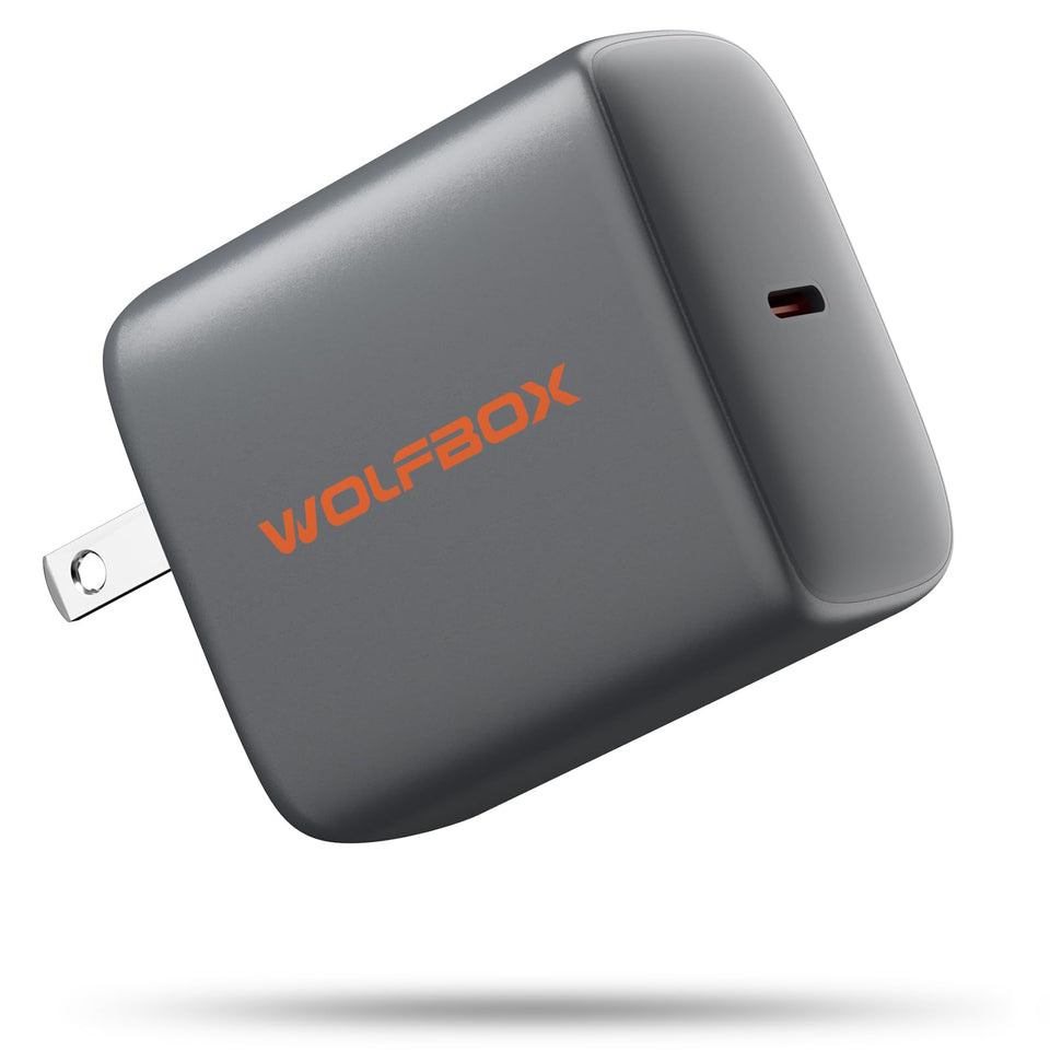 WOLFBOX 65W charger front view showing compact design and portability benefit