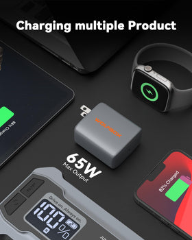 WOLFBOX charger connected to jump starter demonstrating rapid recharge benefit