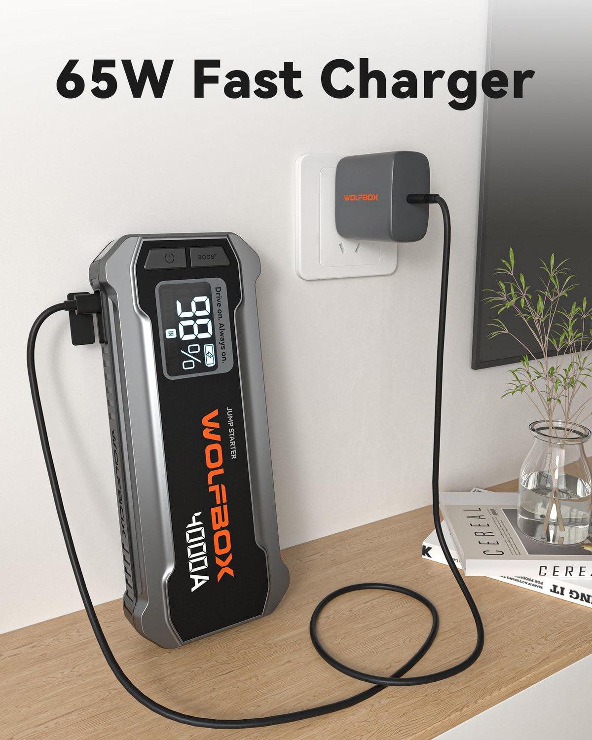 WOLFBOX charger fireproof housing texture showing durable construction benefit
