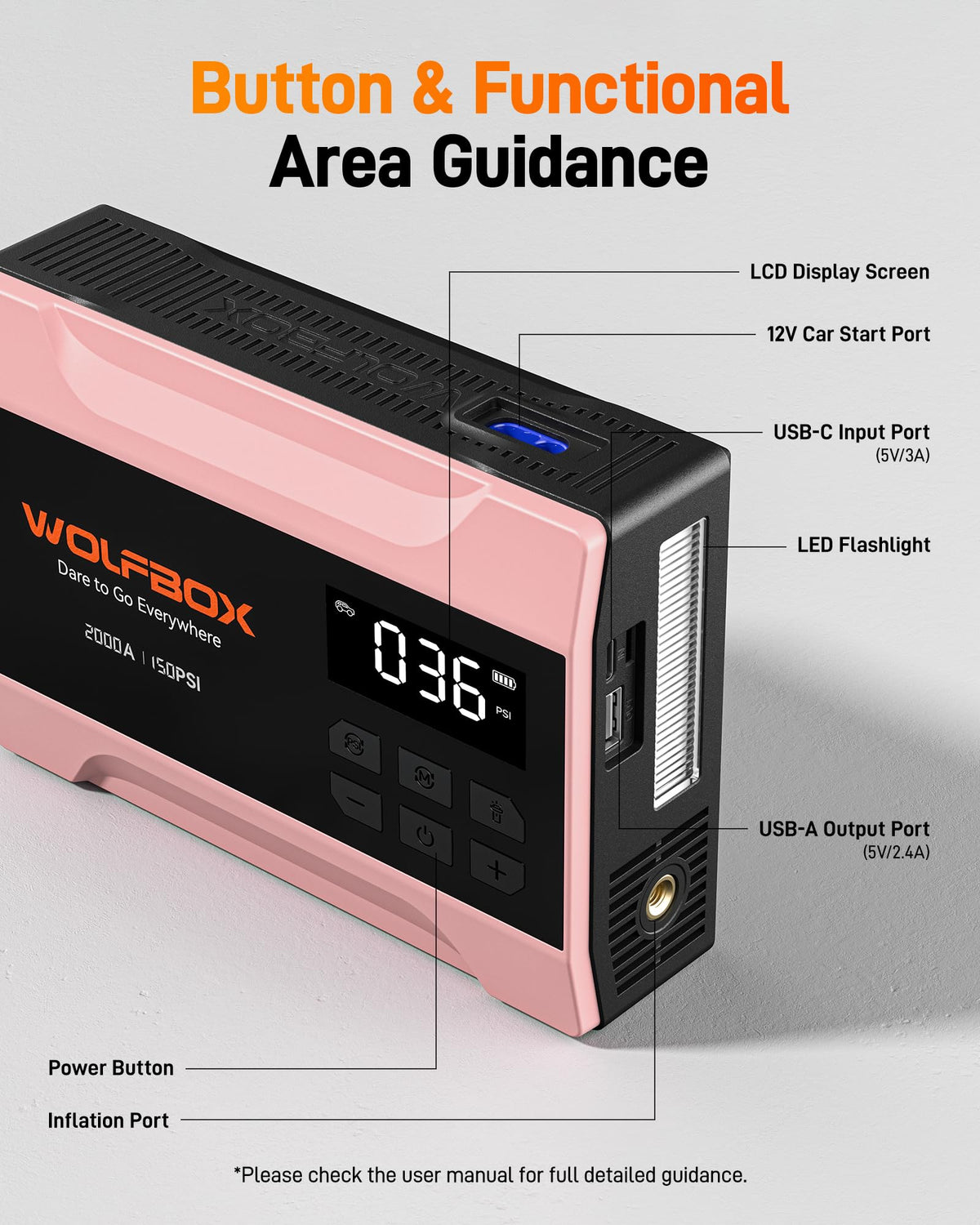 WOLFBOX inflating a car tire demonstrating quick fill from 29 to 36 PSI