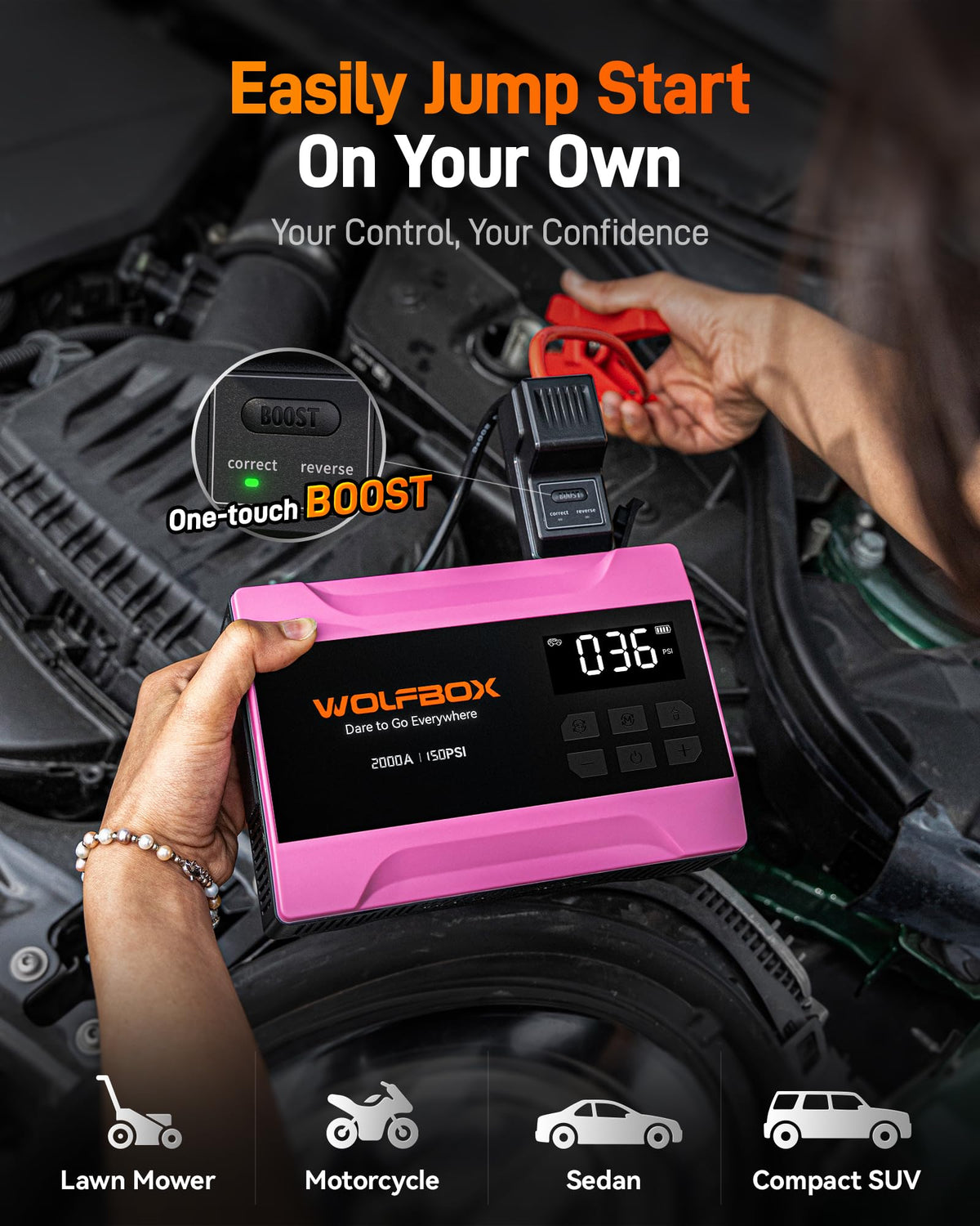 WOLFBOX heavy-duty jumper cables and clamps for secure vehicle connection