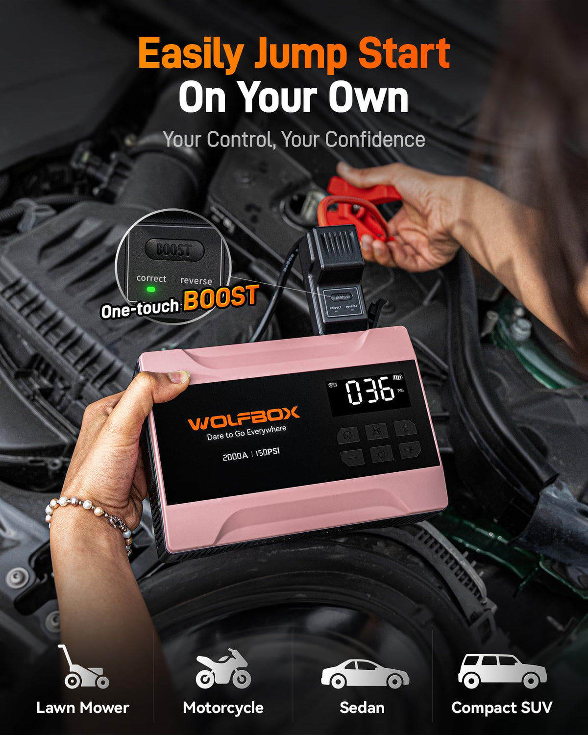 WOLFBOX jumper cables connected to battery showing fast, safe 2000A boost