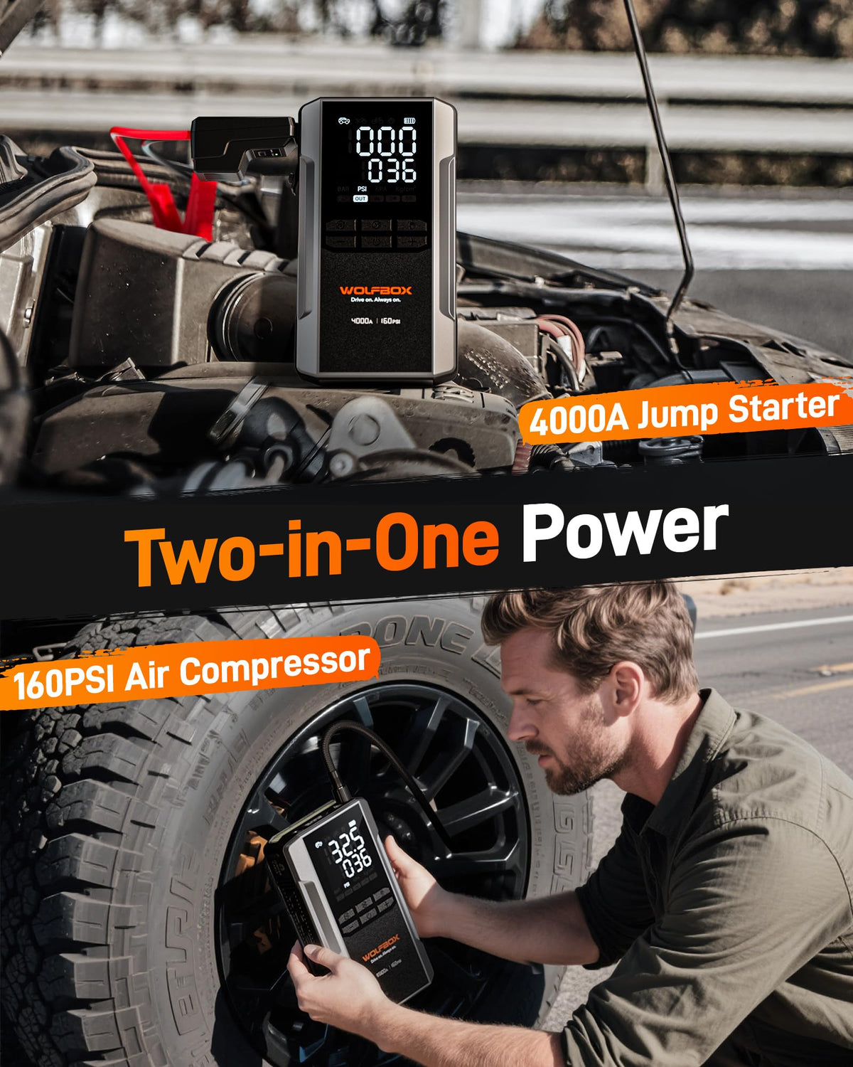 WOLFBOX connected jumper cables demonstrating safe battery boost