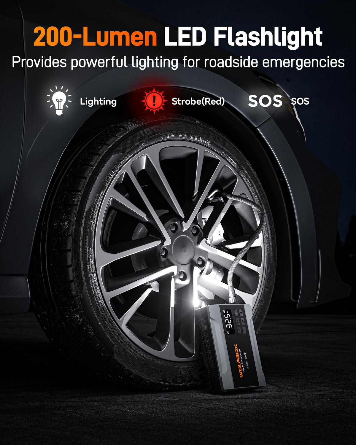 WOLFBOX LED flashlight illuminated in SOS mode for roadside visibility