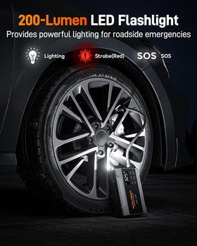 WOLFBOX LED flashlight illuminated in SOS mode for roadside visibility