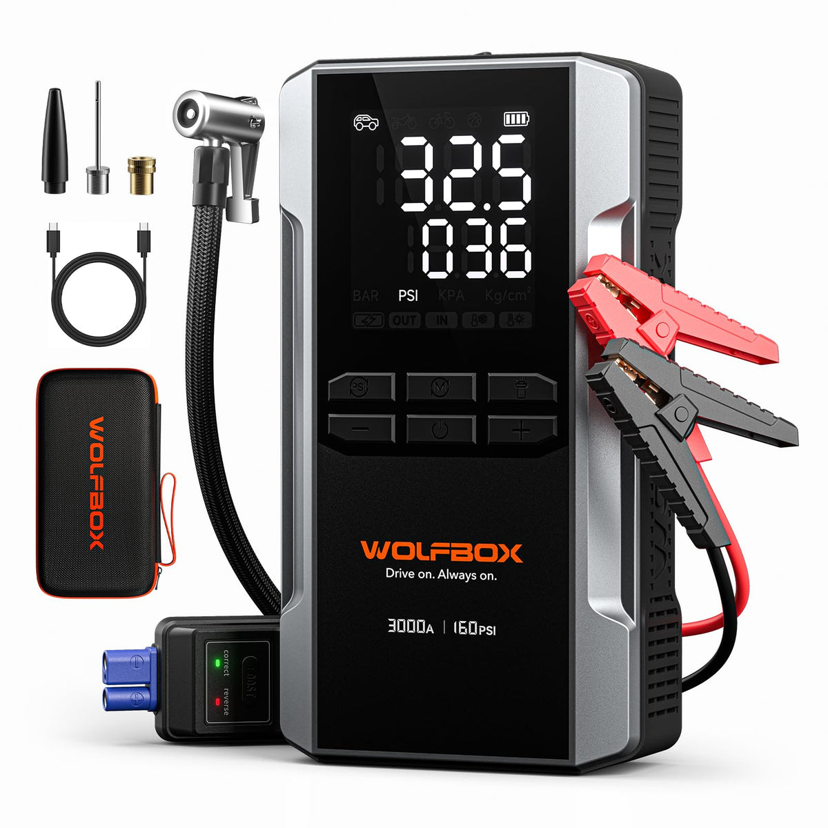 WOLFBOX MV16A front view showing compact jump starter and air compressor for quick roadside help