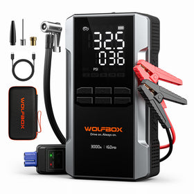 WOLFBOX MV16A front view showing compact jump starter and air compressor for quick roadside help