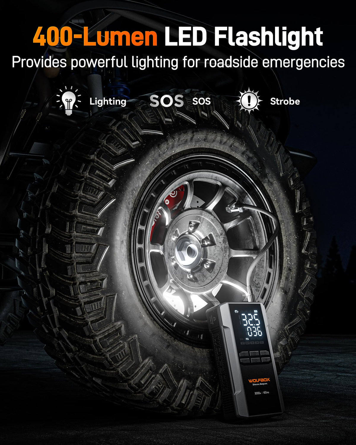 WOLFBOX MV16A inflating an SUV tire demonstrating rapid inflation and on-the-go convenience