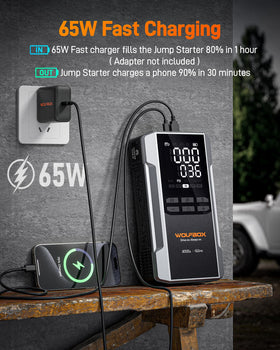 WOLFBOX MV16A ports panel showing USB-C 65W and USB-A outputs for fast device charging