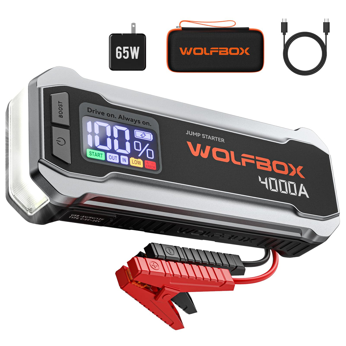 WOLFBOX MV24 front view showing compact booster and ports for dependable roadside power
