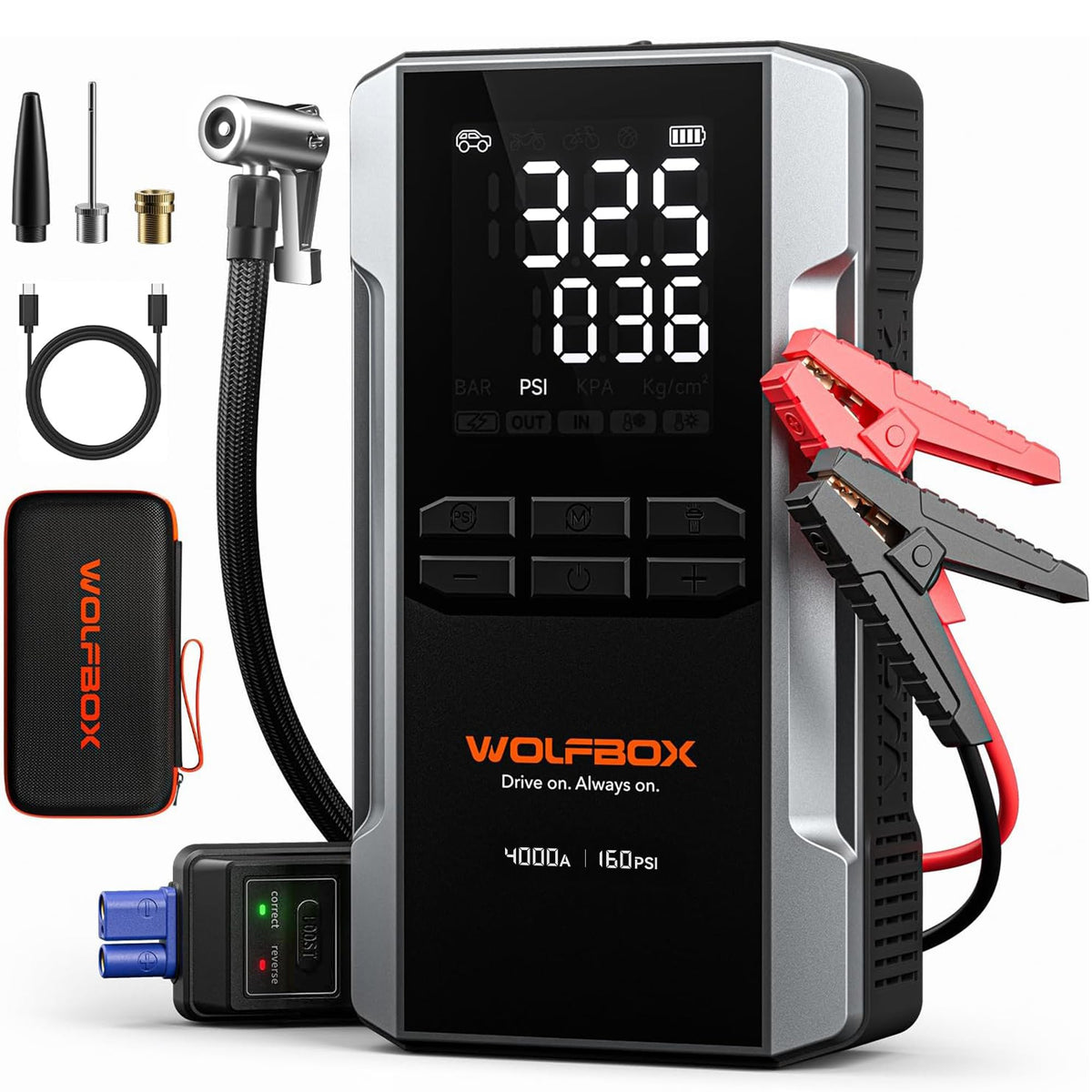 WOLFBOX MV24A front view showing compact jump starter and compressor — reliable roadside power