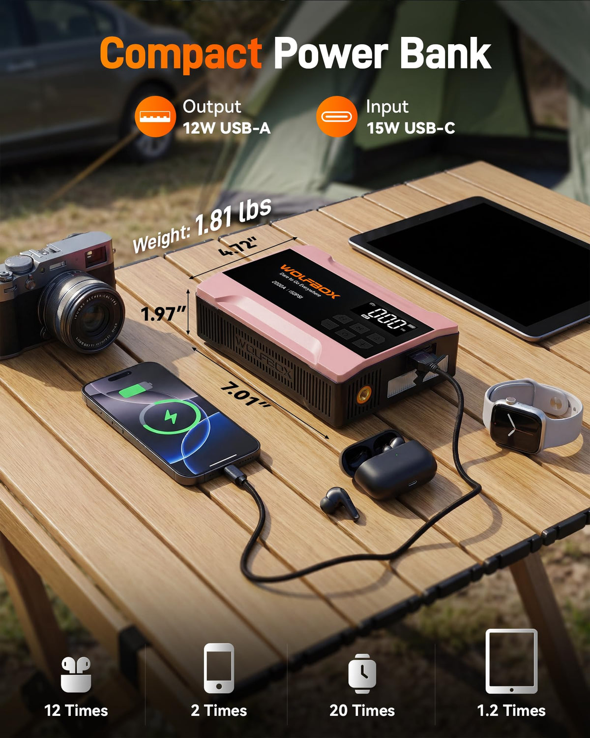 WOLFBOX beside keys and water bottle to show compact scale and portability
