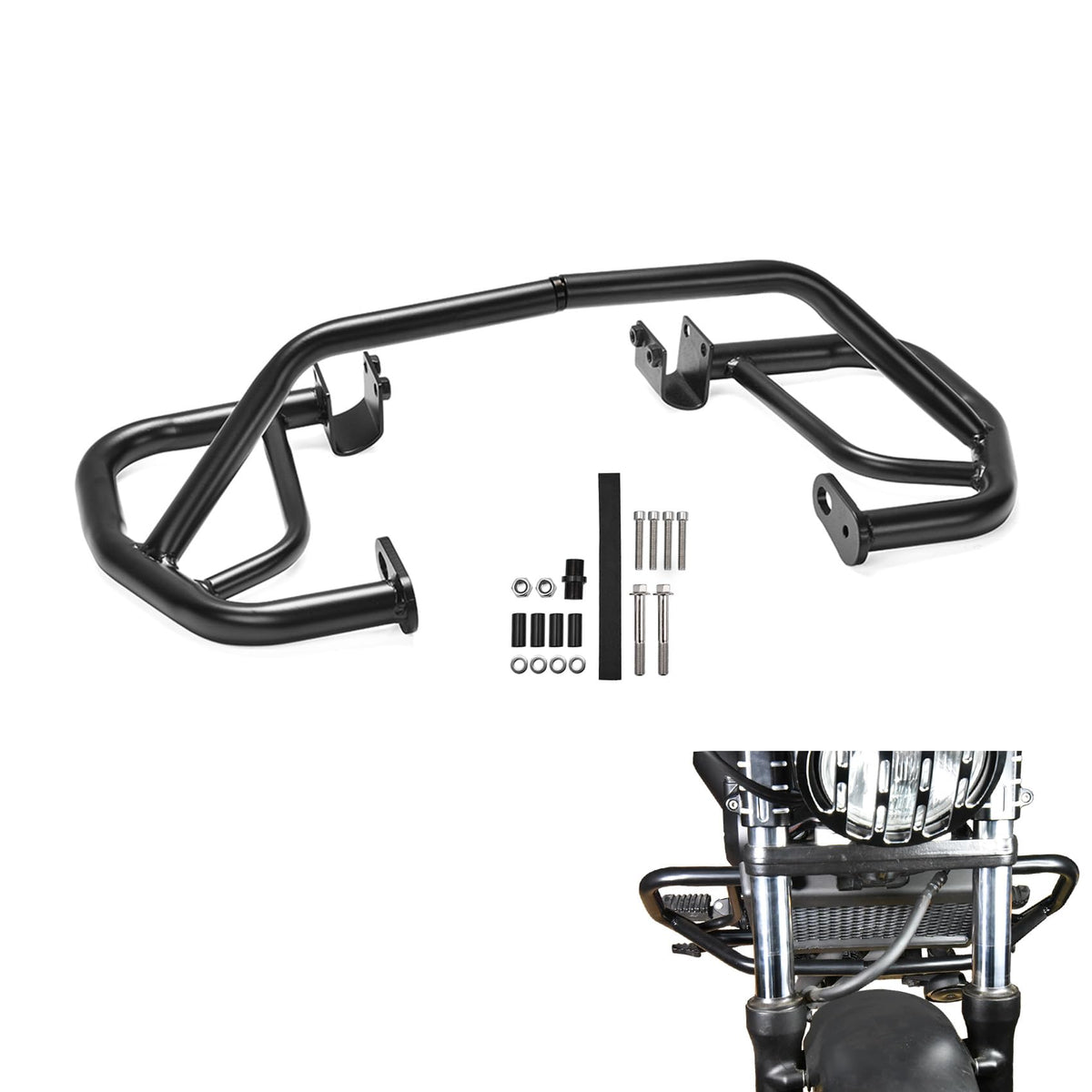 WOLFLINEMOTO crash bar front packaging showing kit and protection benefit