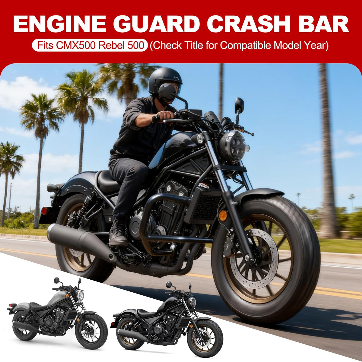 WOLFLINEMOTO crash bar mounted on Rebel 500 side view for engine protection