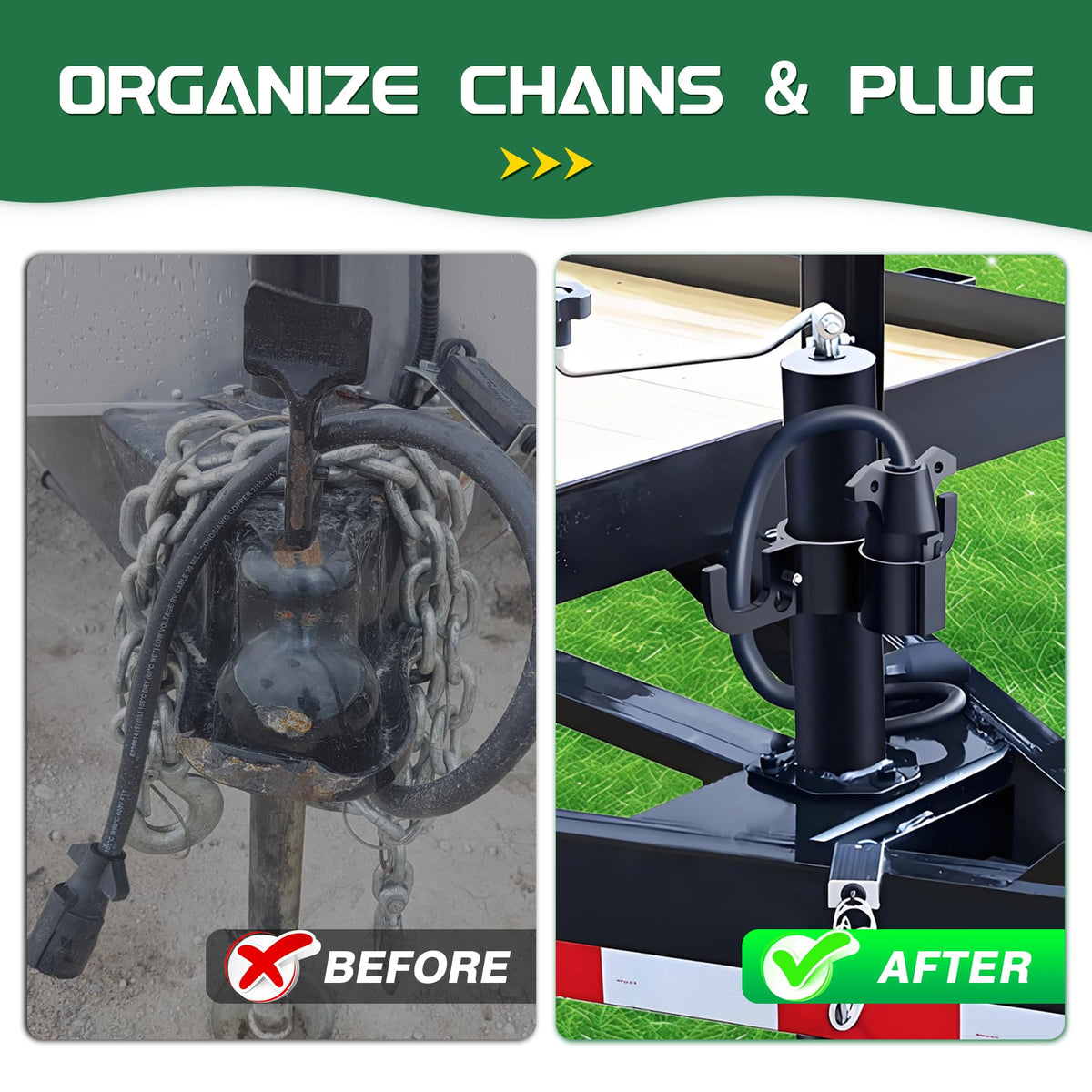 WOLFWILL stores chains and 7-way plug off ground to prevent tangles