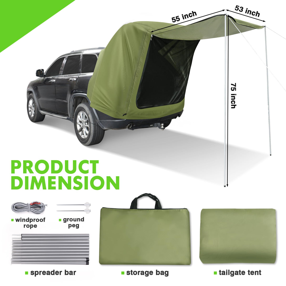 WOLFWILL included spreader bars ropes and pegs showing quick setup convenience