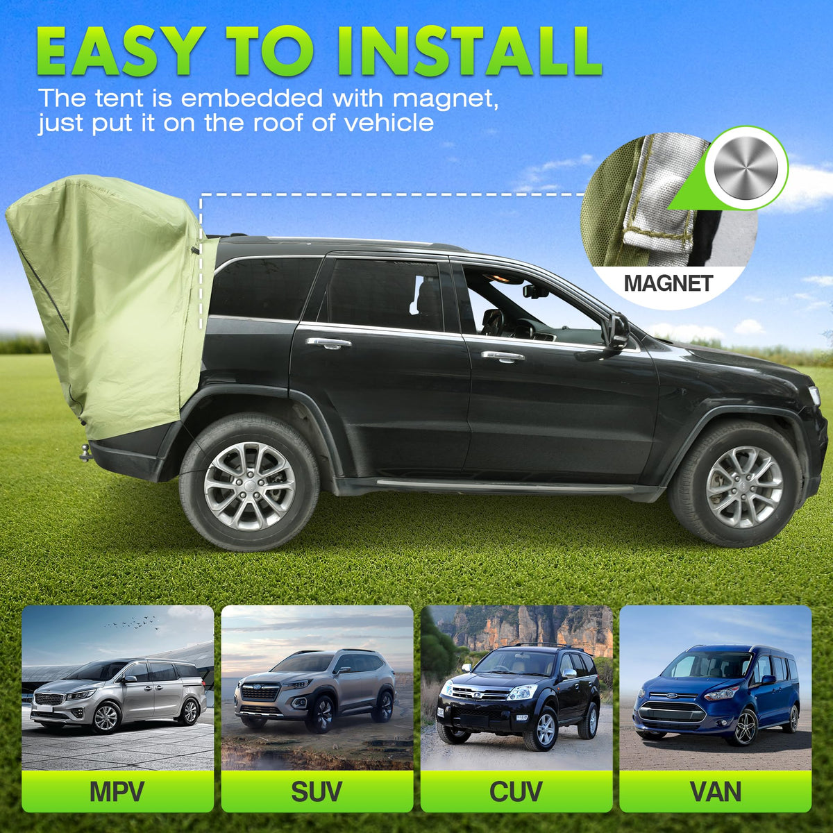 WOLFWILL tent next to person illustrating size and practical vehicle fit