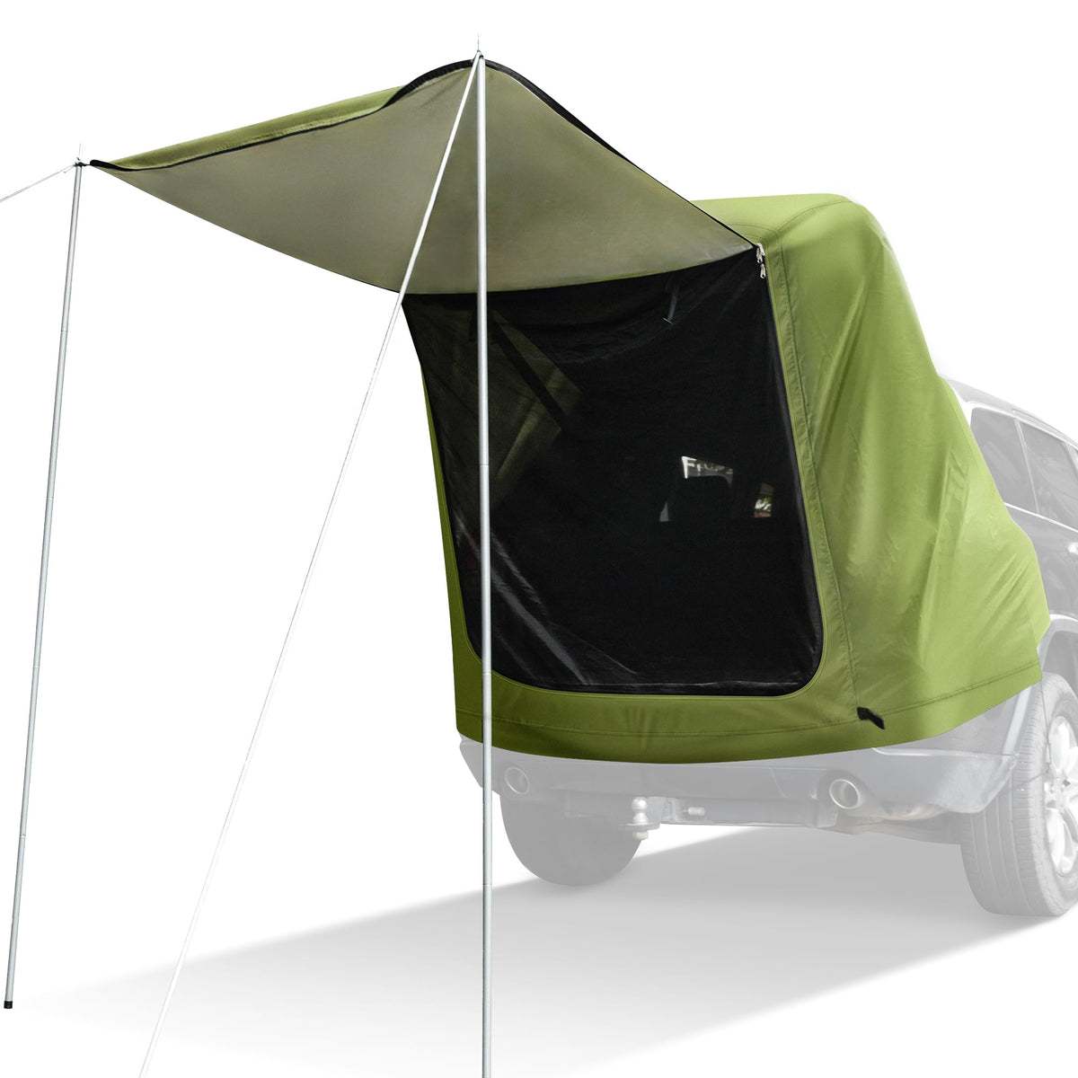 WOLFWILL tailgate tent front view showing entry and awning benefit shelter