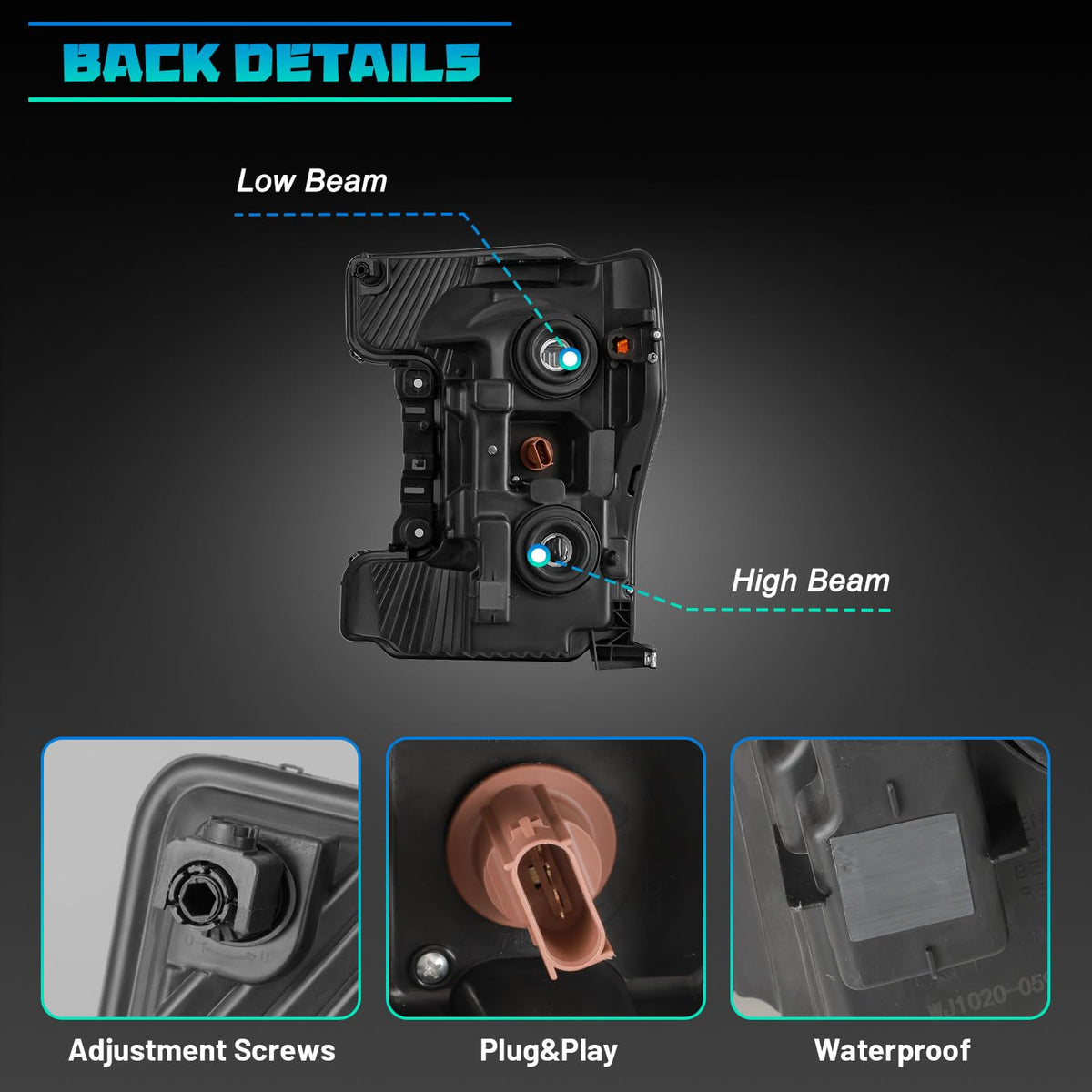 WolfX headlight sealed rear housing demonstrating IP67 weatherproof protection