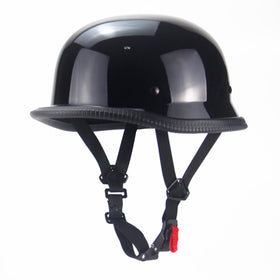 Woljay helmet front profile shows glossy black finish and vintage look, enhancing style