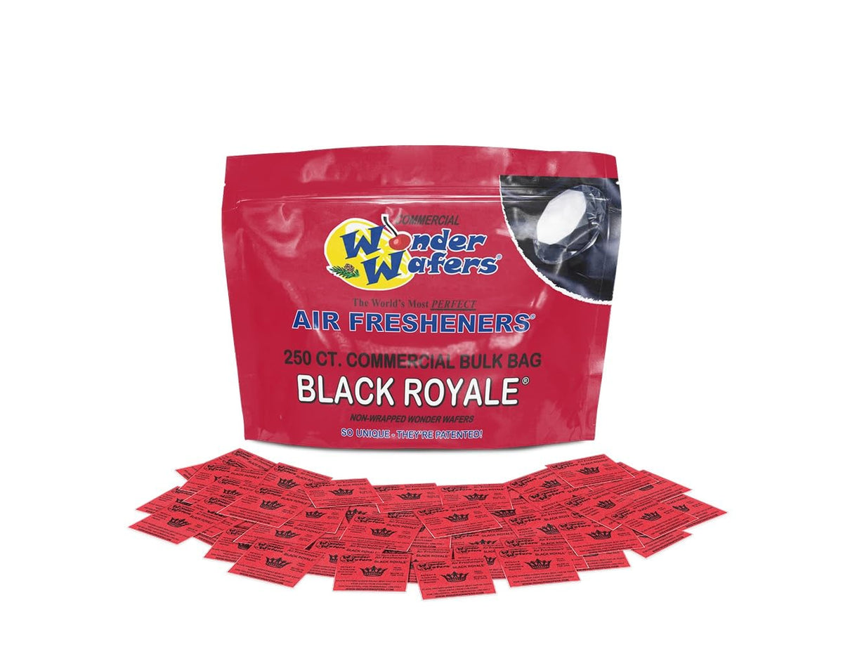 Wonder Wafers front packaging showing count and Black Royale scent, tidy bulk supply benefit