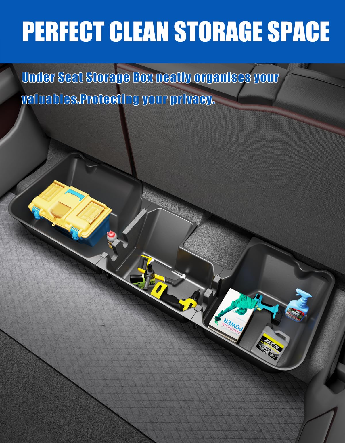 wonderdriver installed under rear seat with seat raised demonstrating seamless integration