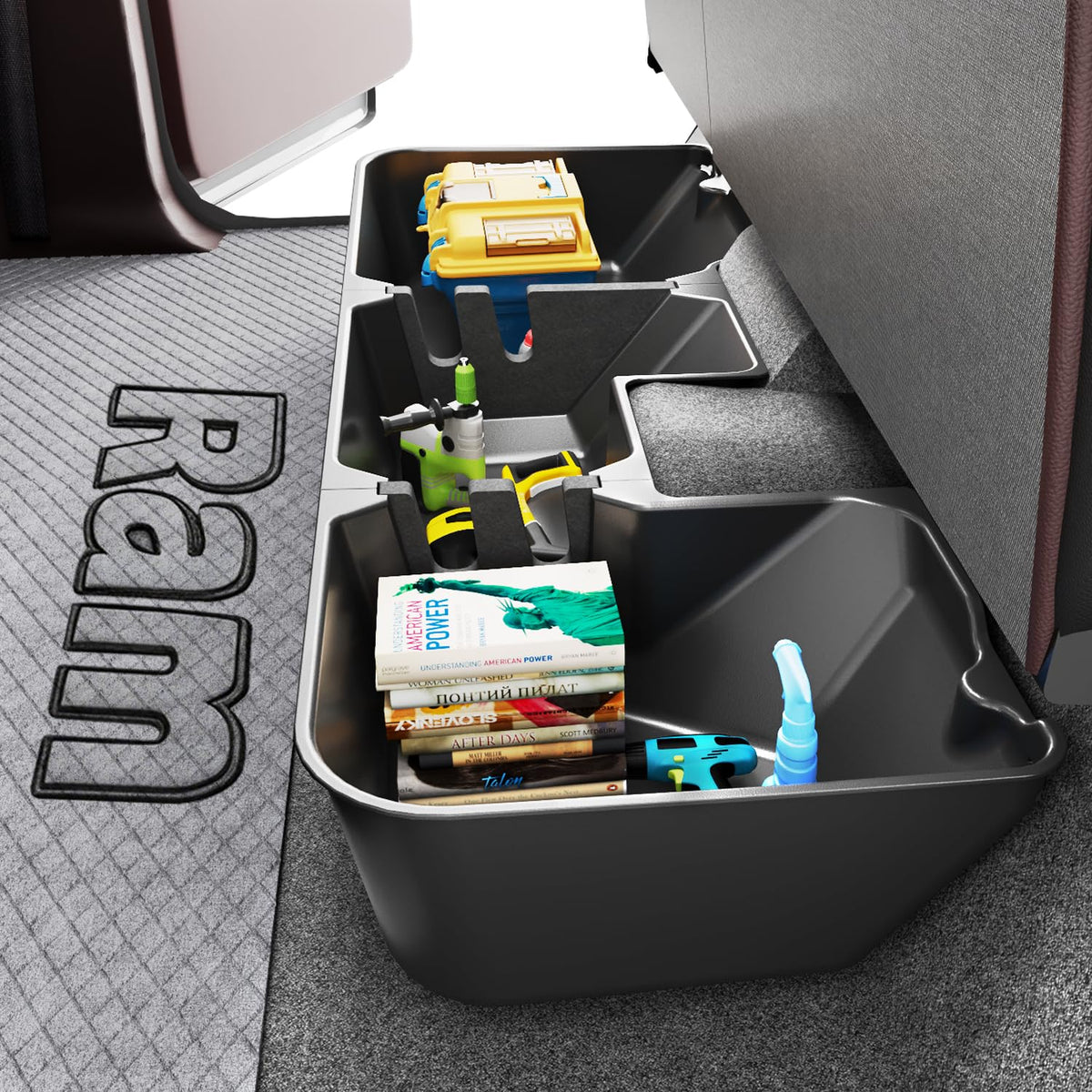 wonderdriver front view of under seat box showing fit and secure storage benefit