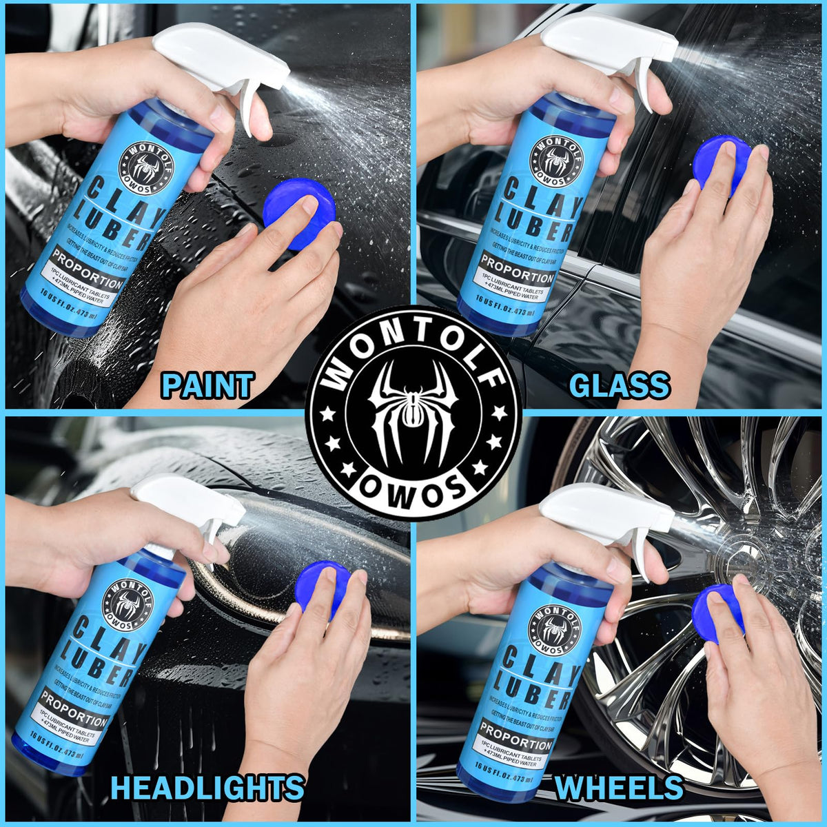 wontolf clay bar gliding on car panel with lubricant for safe contamination removal