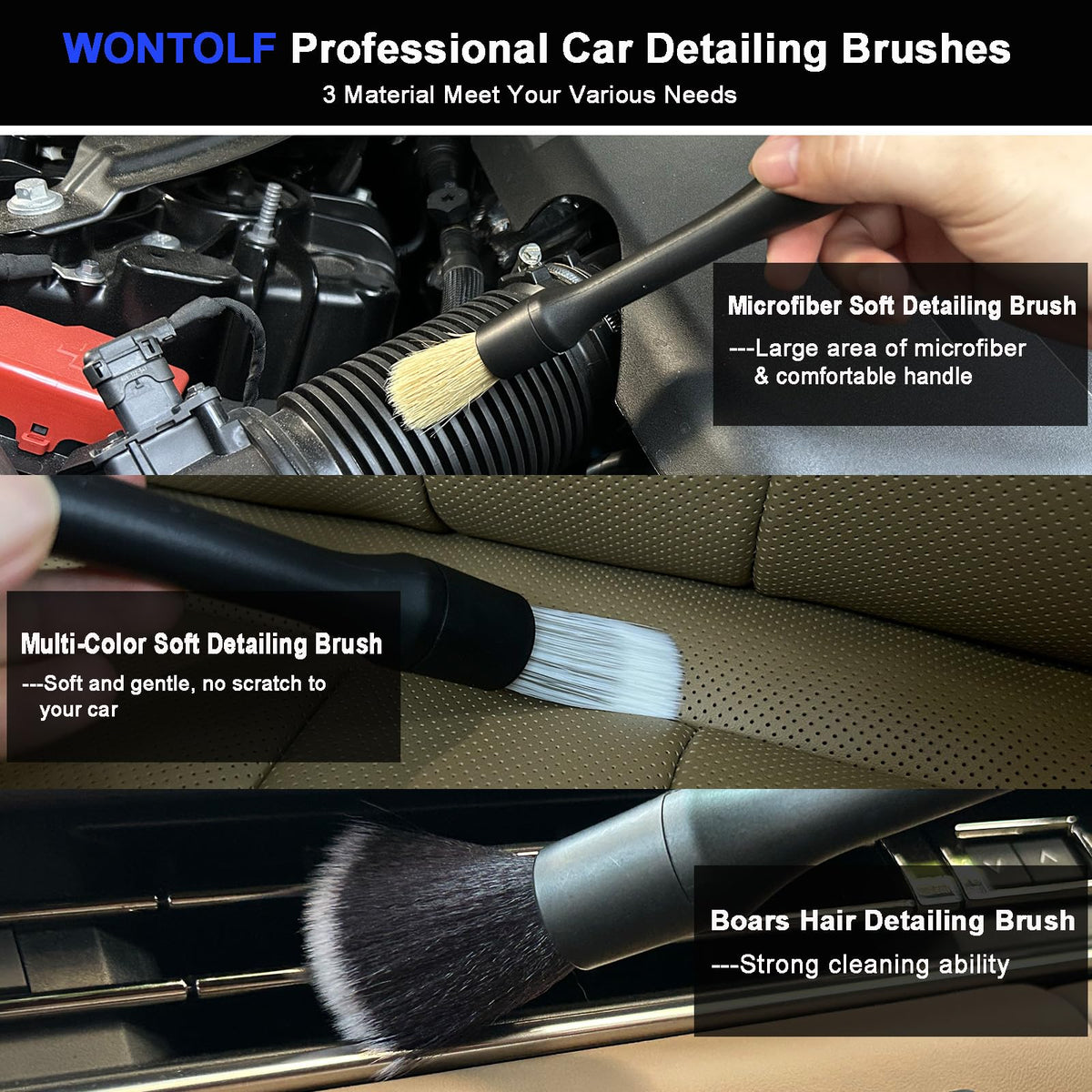 Wontolf detailing brushes closeup showing bristle variety for vents, seams and tight spots