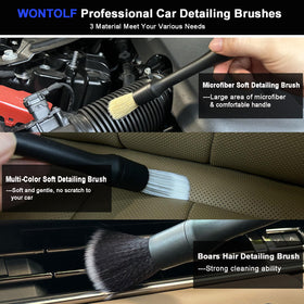 Wontolf detailing brushes closeup showing bristle variety for vents, seams and tight spots
