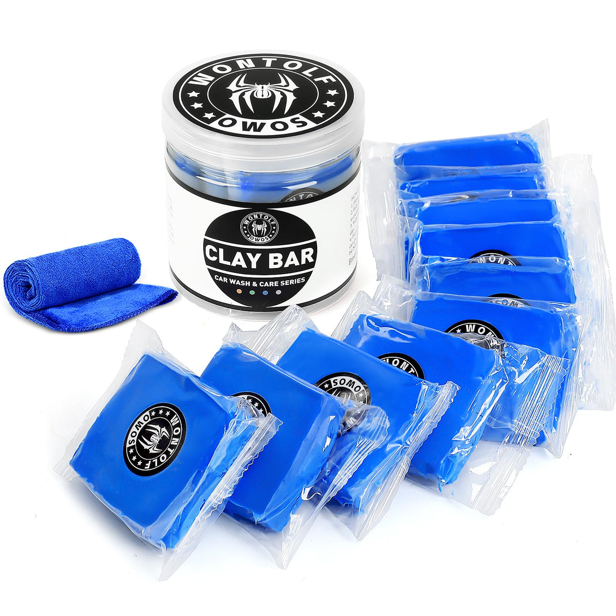 wontolf front package showing ten clay bars and towel for quick kit recognition and convenience