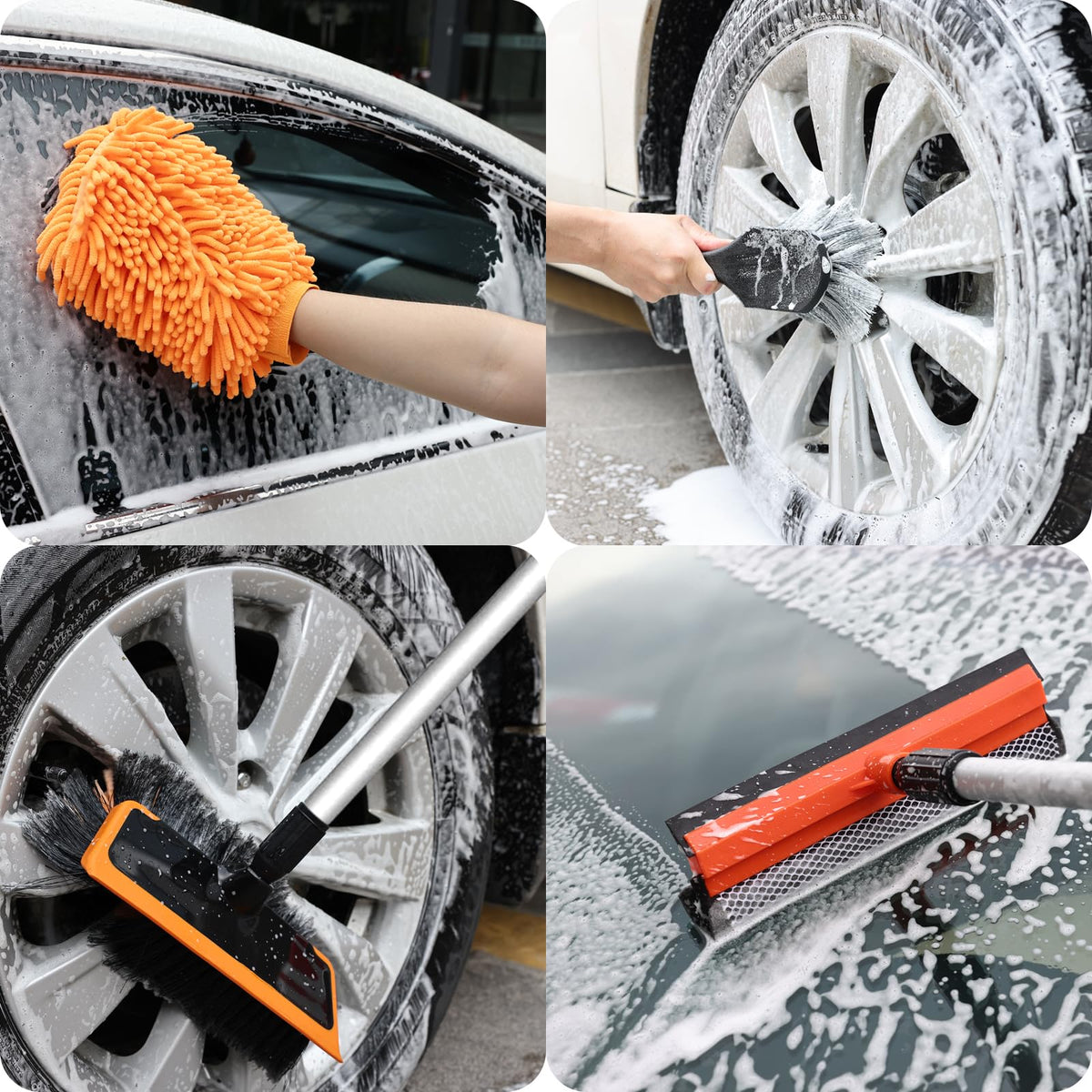 Wontolf wheel and tire brush scrubbing rim crevices for deeper grime removal