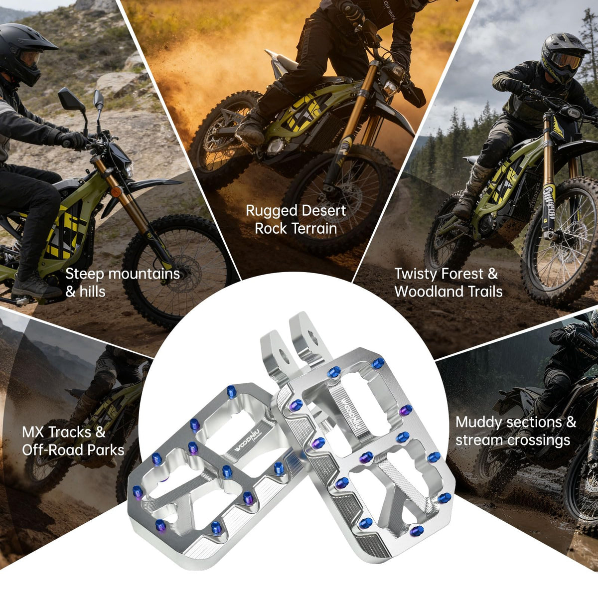 Woodniu Racein mounted on trail bike illustrating confident foot placement