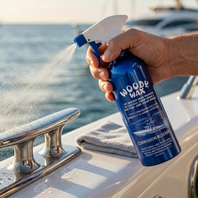 Woody Wax on a docked boat illustrating all-in-one marine protection