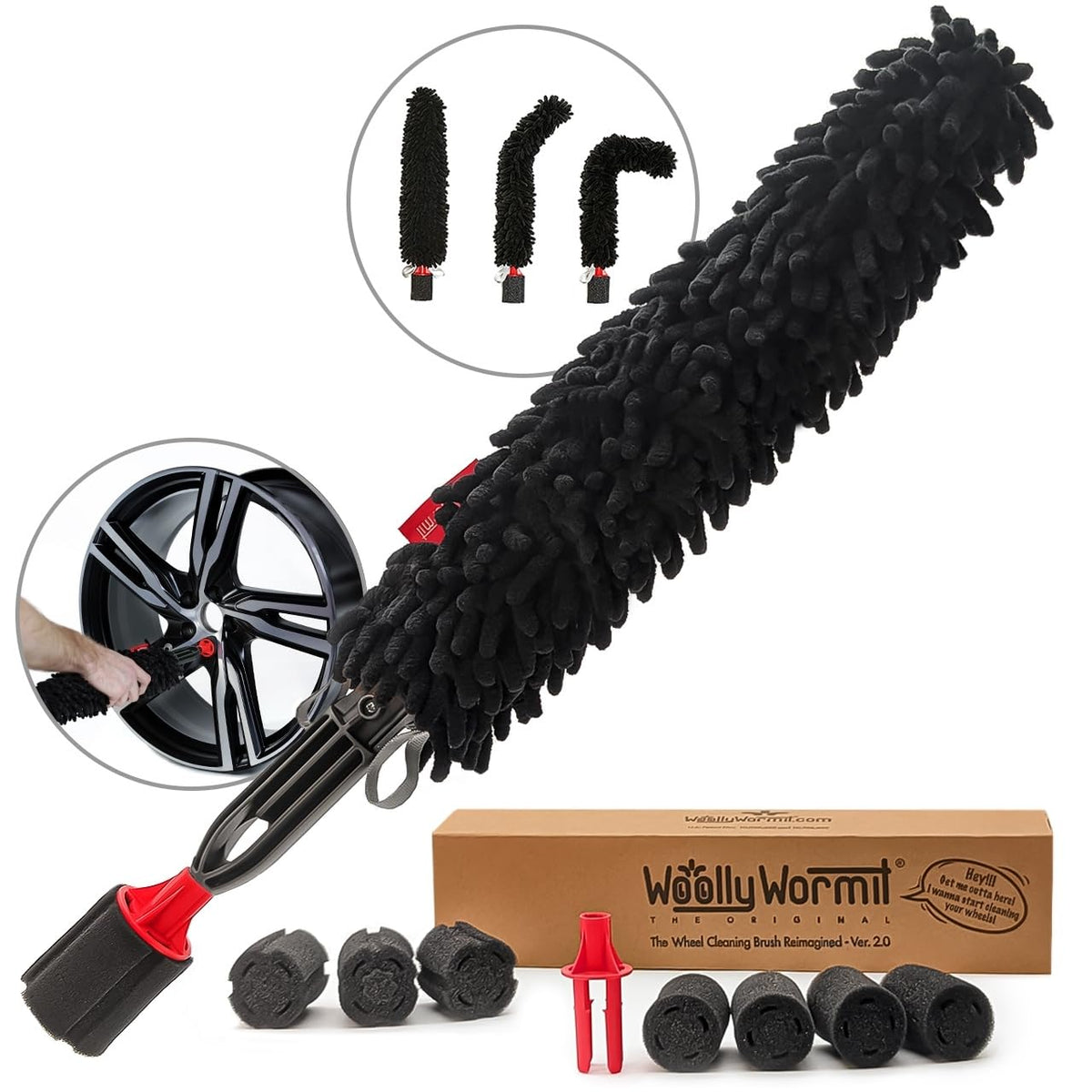 WOOLLYWORMIT front packaging showing full wheel brush kit benefits