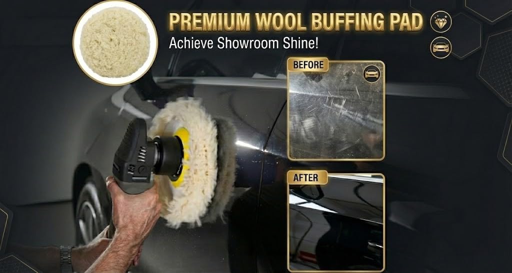 Woolous pad beside a 7-inch backing plate showing correct fit