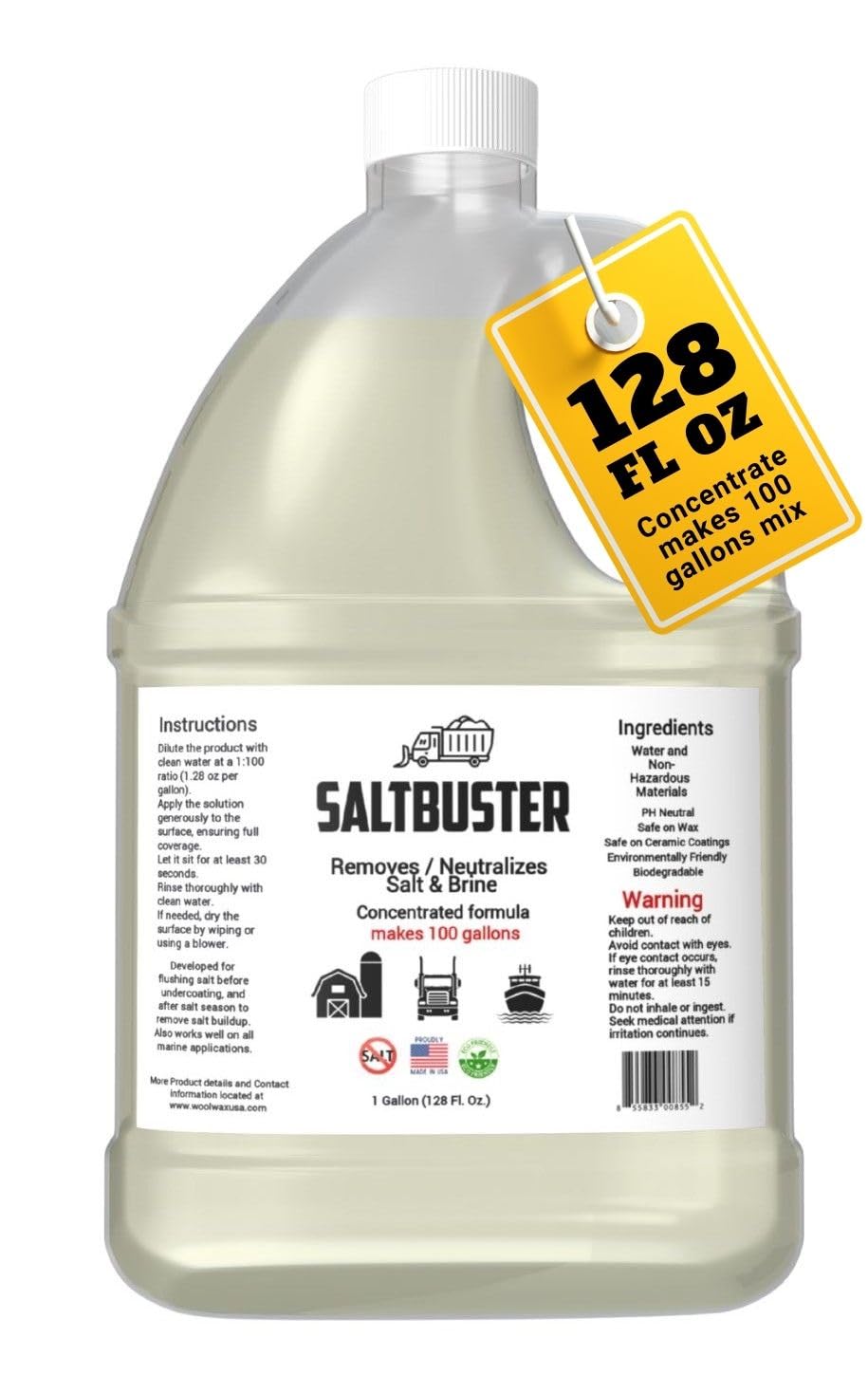 woolwax front label on gallon bottle showing product identity and dilution benefits