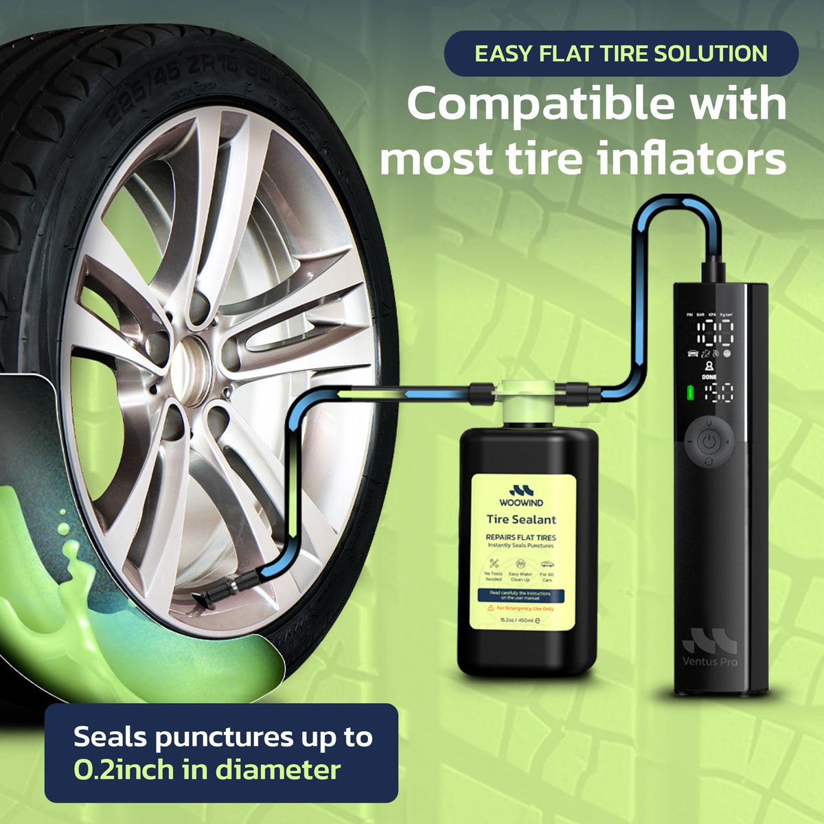 Woowind bottle label detail highlighting TPMS-safe and ROHS-certified features