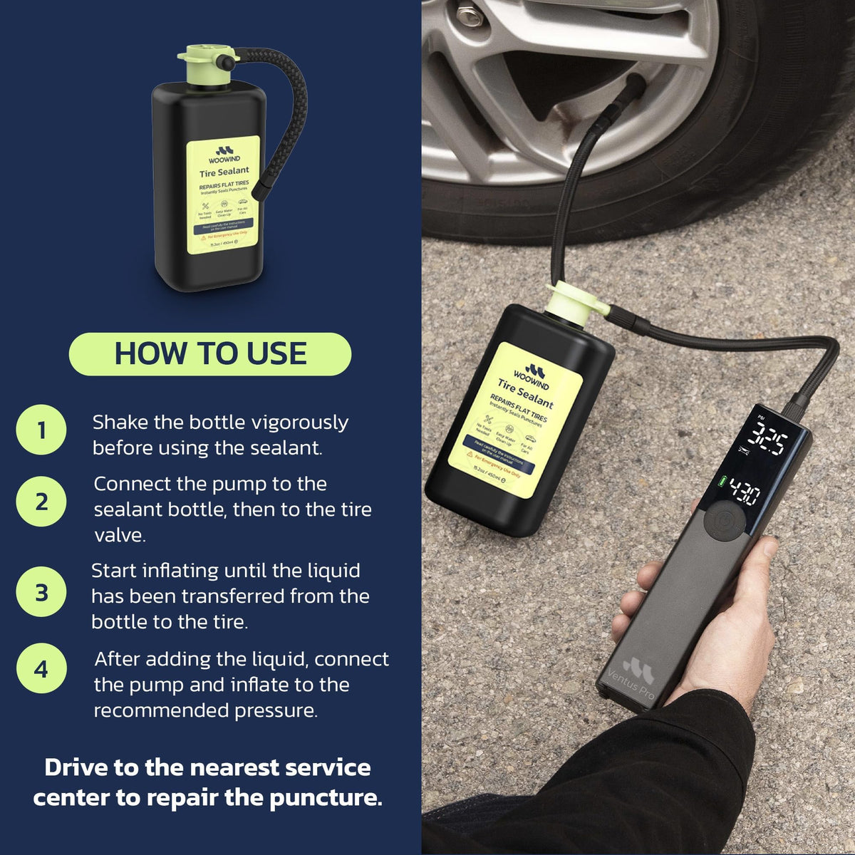 Woowind sealant in use at tire valve demonstrating quick roadside repair