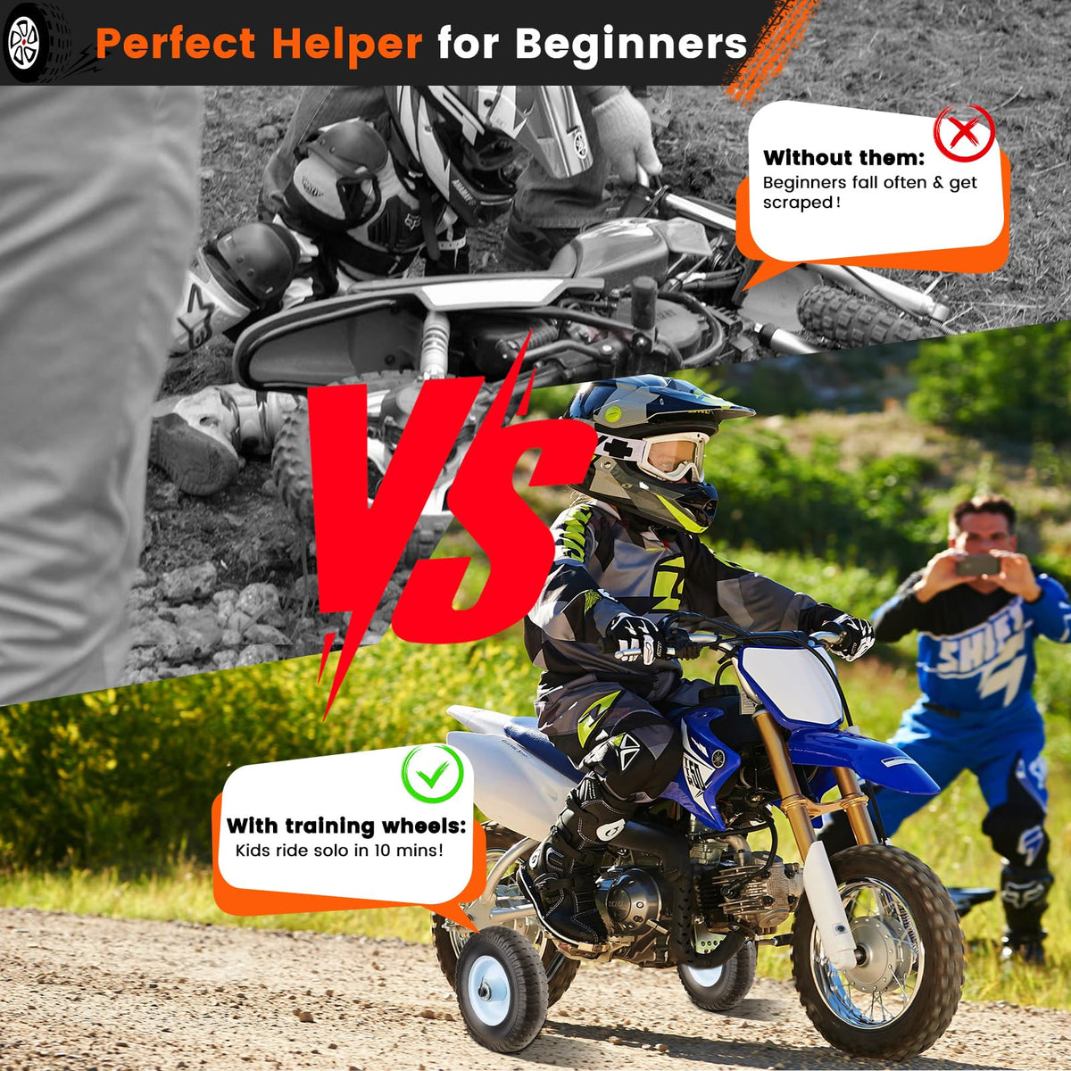 Worcest training wheels fitted on a dirt track showing durability and off-road resilience